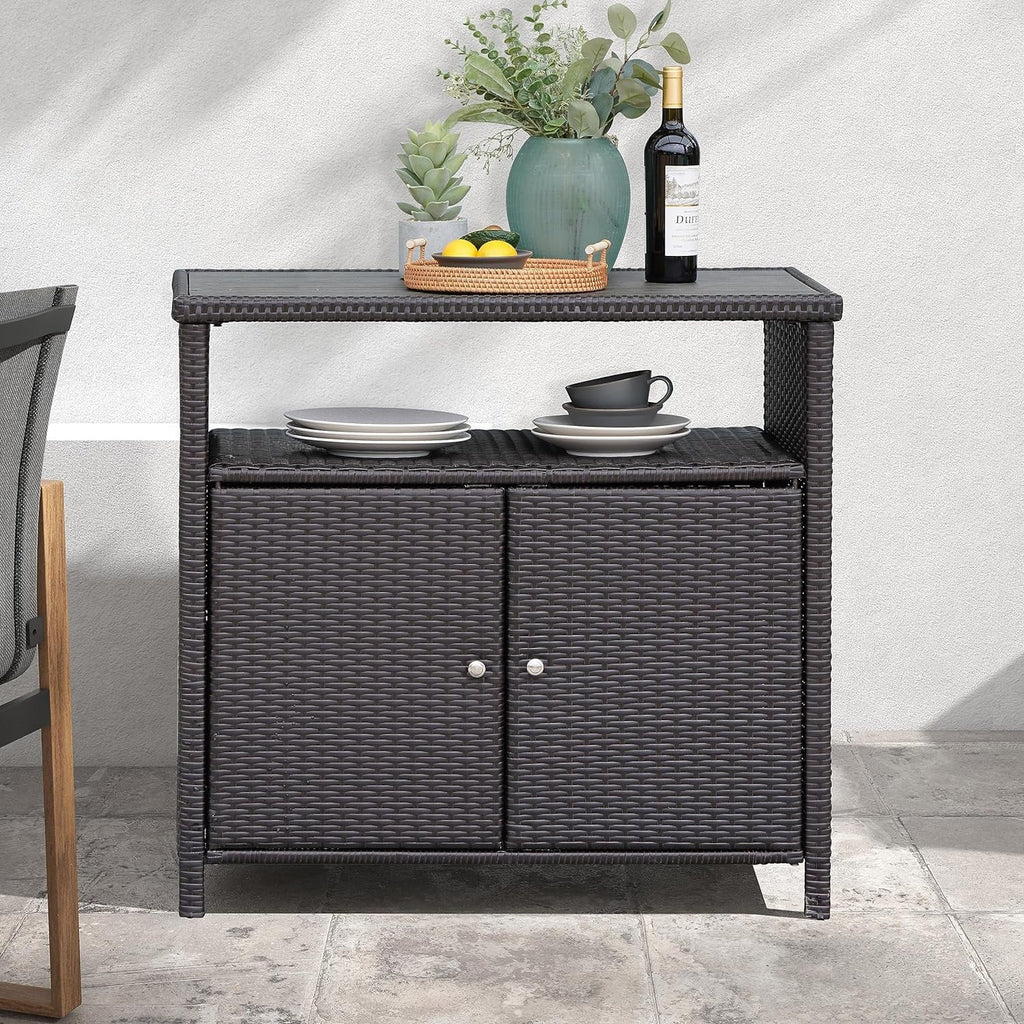 Resin with Powder Storage Outdoor Cabinet Wicker, Wicker Coated Steel, Dark Weather 2-Door Indoor Brown All Shelf,