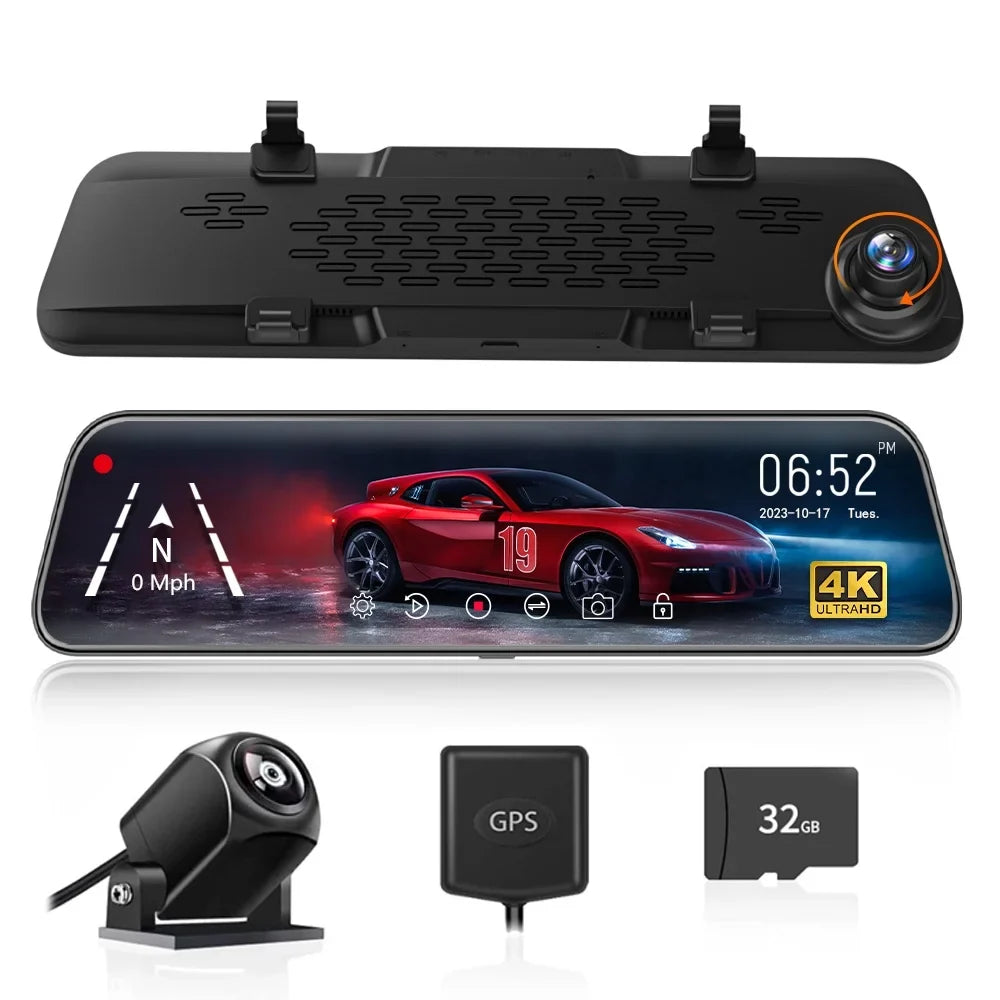 Full Dash Camera, Dash GPS Mirror 32GB Card Rear with Screen, 4K Mirror Backup Parking & Touch 12" Camera Free Cam, Monitor, View WOLFBOX