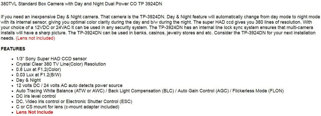 Camera Night Dual and Included) CO Not Day (Lens Standard 380TVL TP Box 3924DN Security CCTV with Power