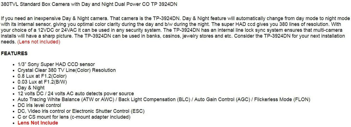 Camera Night Dual and Included) CO Not Day (Lens Standard 380TVL TP Box 3924DN Security CCTV with Power