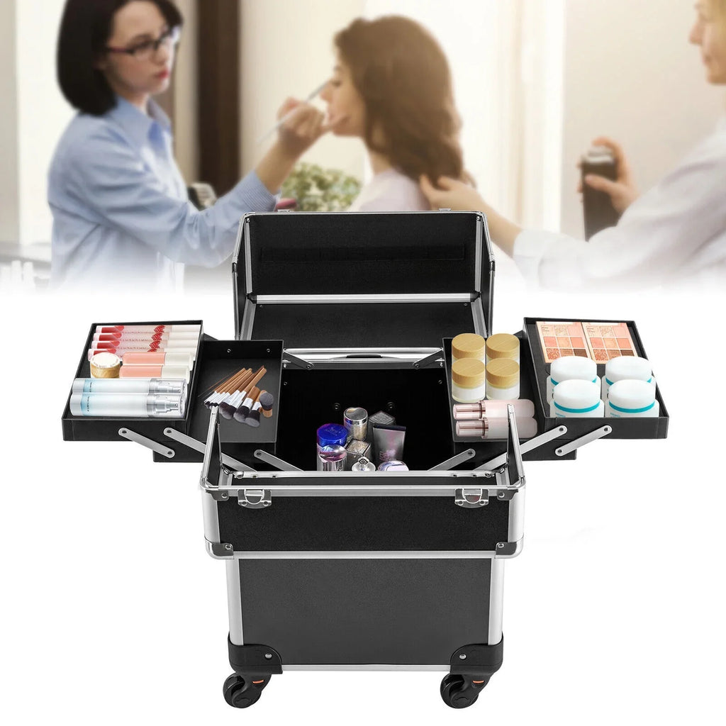 Rolling Cosmetic Case Beauty Hairdresser Wheels Organizer Tool Barber Salon Trunk Train Luggage (Black) Case Trolley, Box Makeup Nail Lockable Stylist Travel Swivel Cart with