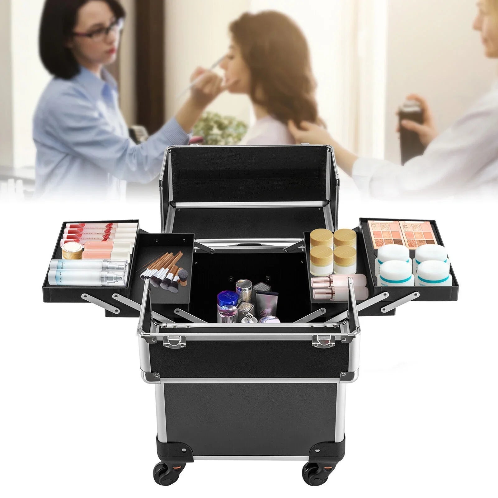Rolling Cosmetic Case Beauty Hairdresser Wheels Organizer Tool Barber Salon Trunk Train Luggage (Black) Case Trolley, Box Makeup Nail Lockable Stylist Travel Swivel Cart with