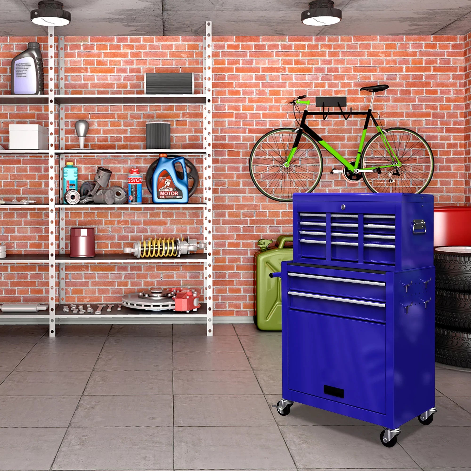 & 2-IN-1 On Hidden Blue Lockable Tool Wheels Cabinet Large Chest Sliding Tool with 8 Tool Drawers, Tool Double Box Organizer Rolling Box, with Drawers, Chest Drawers, Capacity with