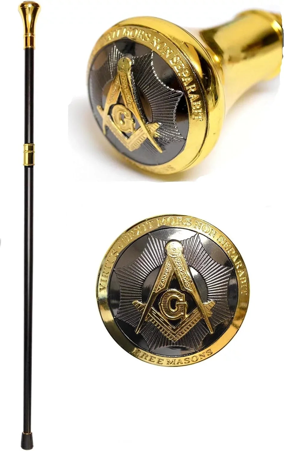 Metal Compass 37" 2-Tone Cane Handle, Cane Shaped & at of Ball Logo 2 Square The Shaft, with On Embossed Masonic Piece Dividable Rubber Base Alloy Top Handle, Walking High Tip