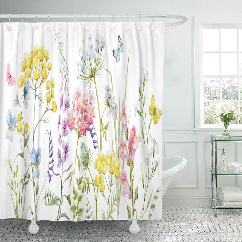 Watercolor Blue Tansy Pink 66x72 inch Yellow Wildflowers Curtain Libin Shower Pansies Tender Buttercup