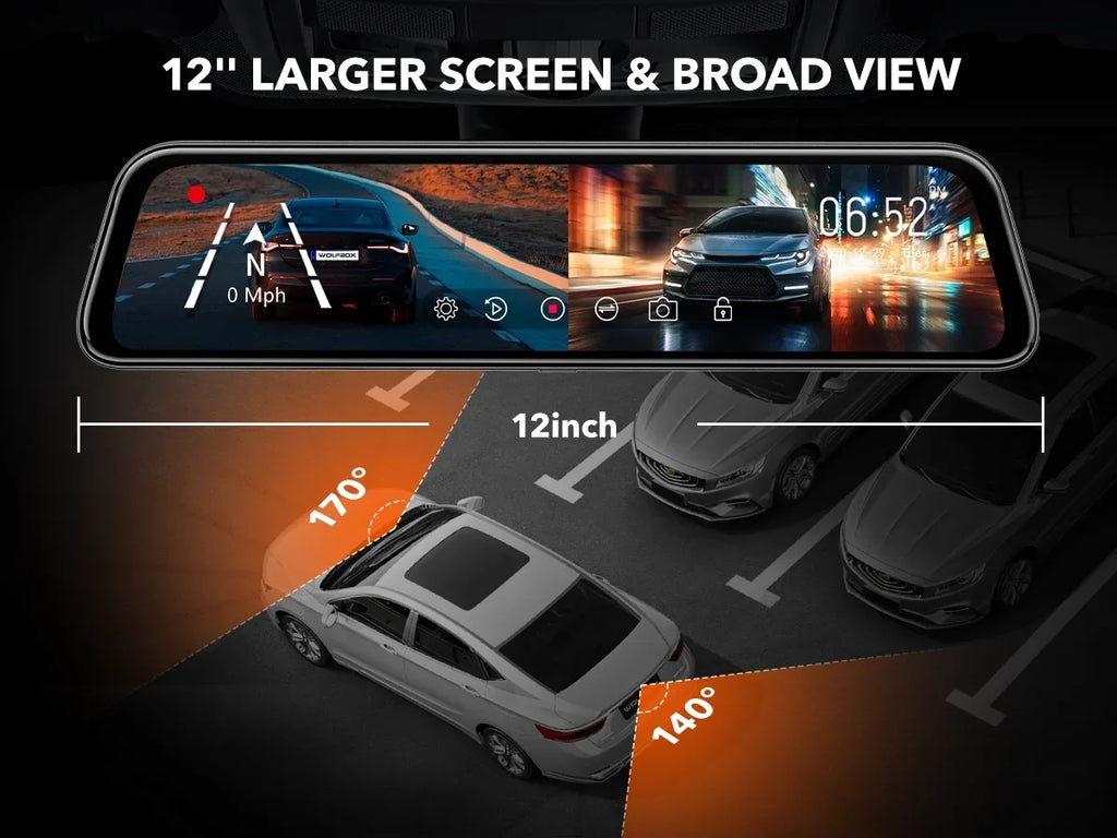 Full Dash Camera, Dash GPS Mirror 32GB Card Rear with Screen, 4K Mirror Backup Parking & Touch 12" Camera Free Cam, Monitor, View WOLFBOX