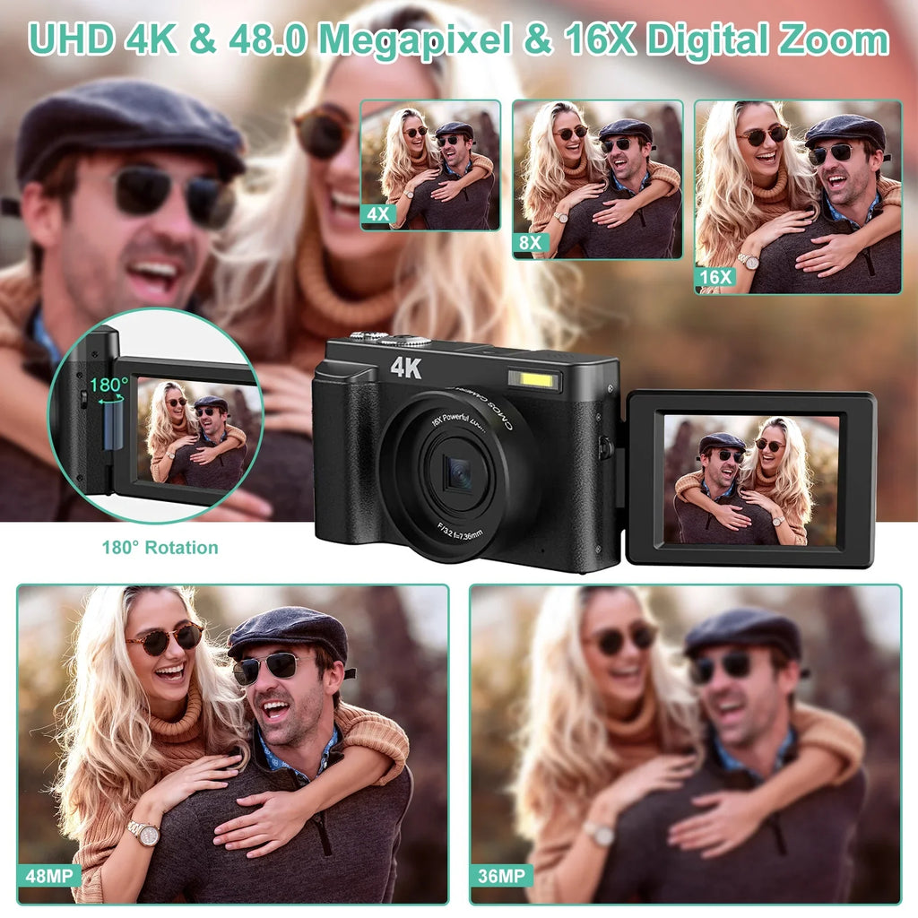 for Camera Zoom Camera 32GB Cameras Autofocus Vlogging 4K Card Digital Digital Video YouTube 16X with for Photography 48MP