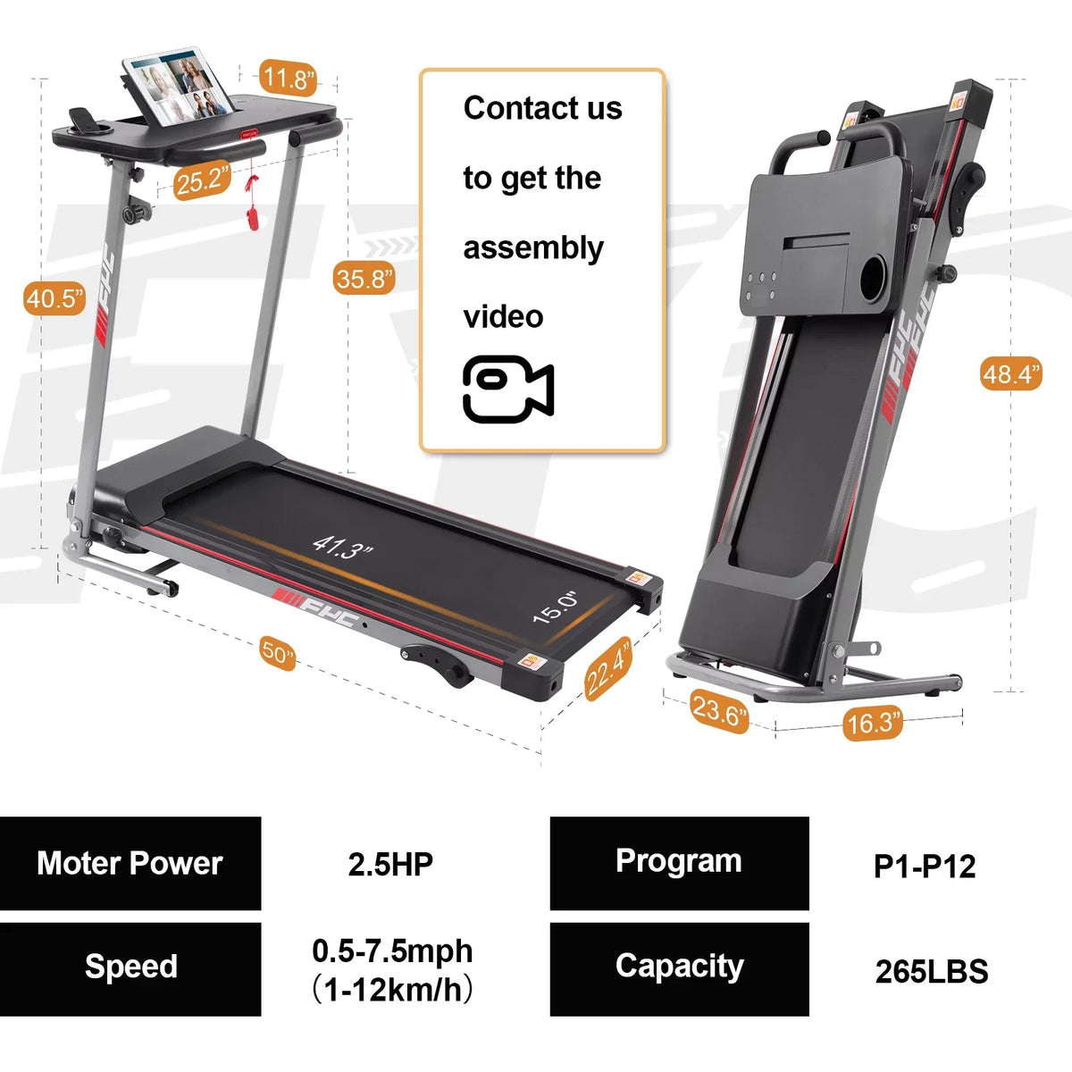 Walking for Machine Running Portable Foldable CoSoTower - Capacity with Desk Running Treadmill Folding Compact Spaces for 2.5HP Electric and Workout, Treadmill 265LBS Home Small for Weight