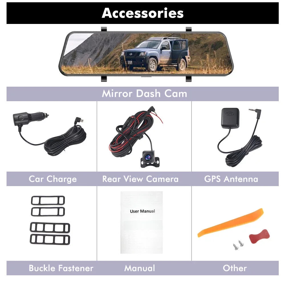 Cam 4K Paddsun View Control Backup WiFi Mirror Rear Dash Voice GPS Car 12" Dual Camera