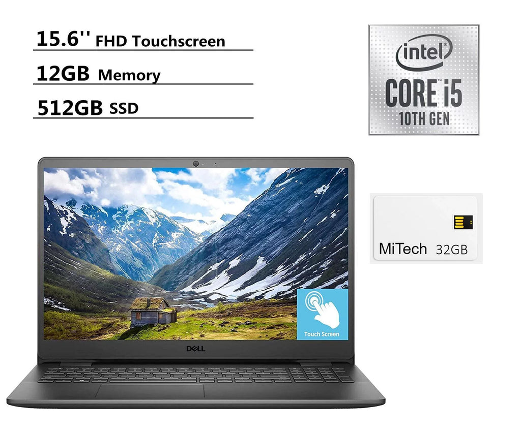 Card, Core i5-1035G1, 10, Webcam, HDMI, Inspiron 15.6"FHD with RAM, MiTech Intel DDR4 Touch Laptop, 512GB Bluetooth, Windows Dell USB 12GB WiFi, 32GB SSD, Black