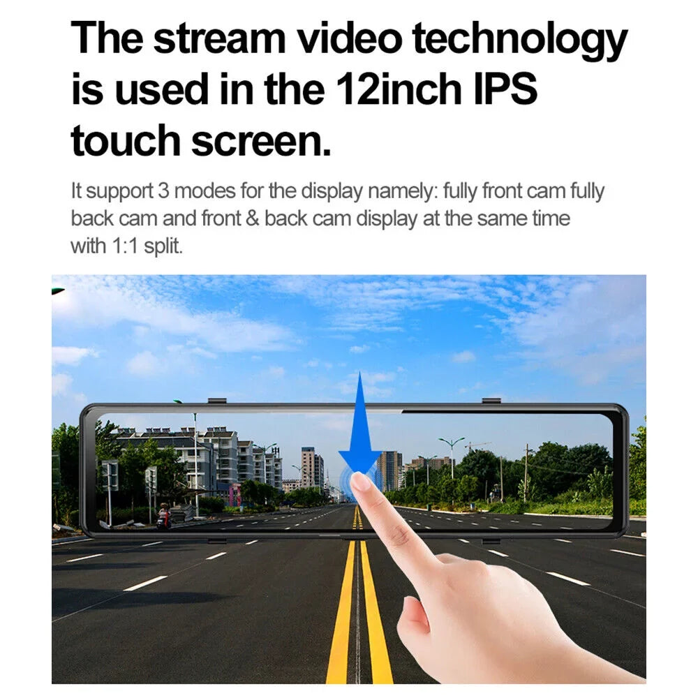 Cam 4K Paddsun View Control Backup WiFi Mirror Rear Dash Voice GPS Car 12" Dual Camera