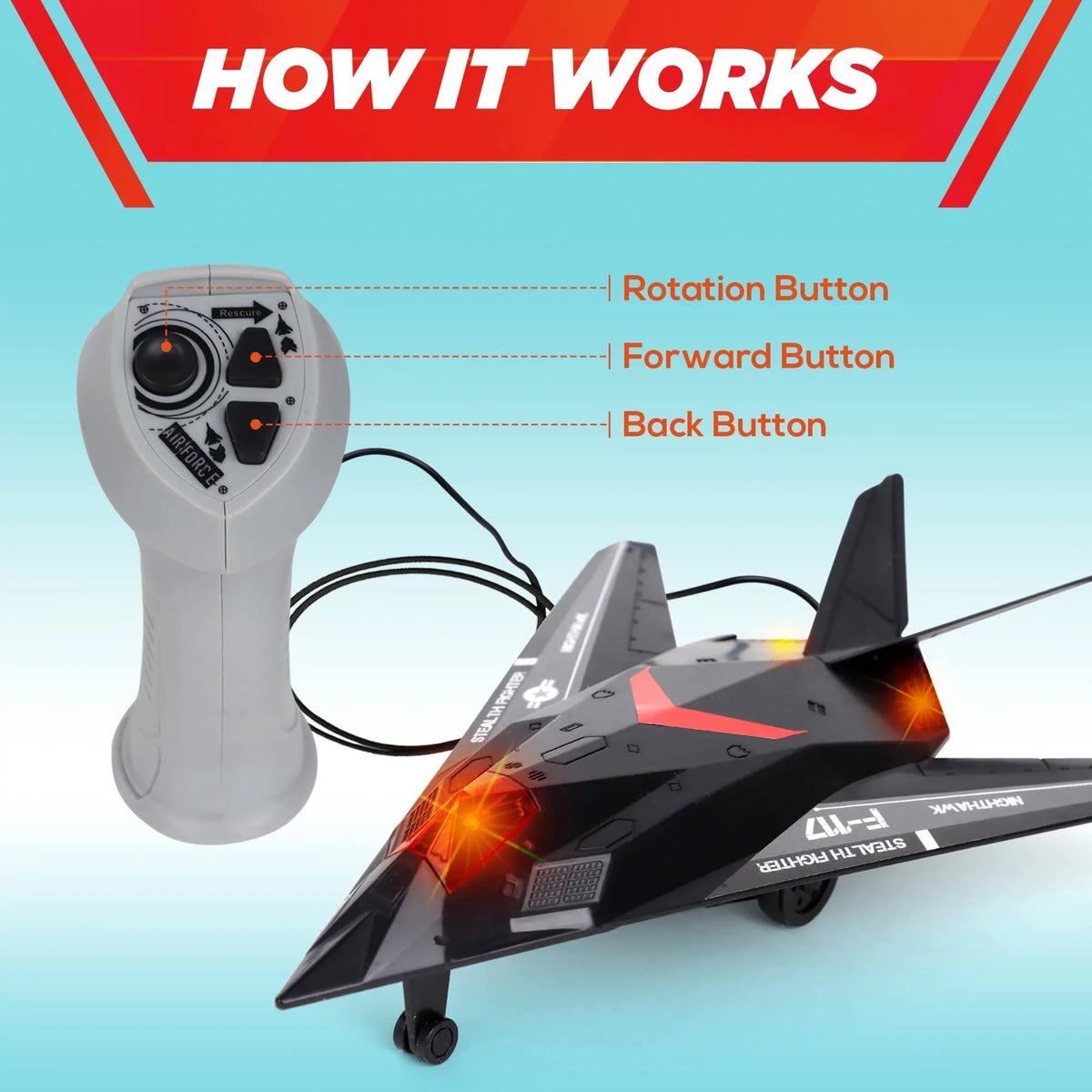 Fighter Toy & Lights Airplane Perfect Toddlers Remote 43" with Wire, Stealth Plane, Wired Ages for Control with Sounds Playkidiz 3+,