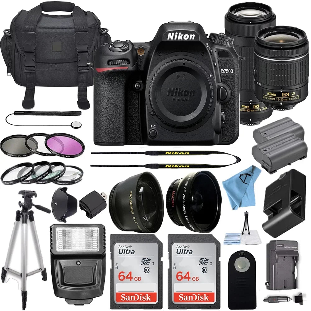 (Black) Lens Nikon Card VR 18-55mm 2 Bundle Digital + Memory D7500 SanDisk ED 64GB and 20.9MP Lens Camera DSLR 70-300mm Pcs W/