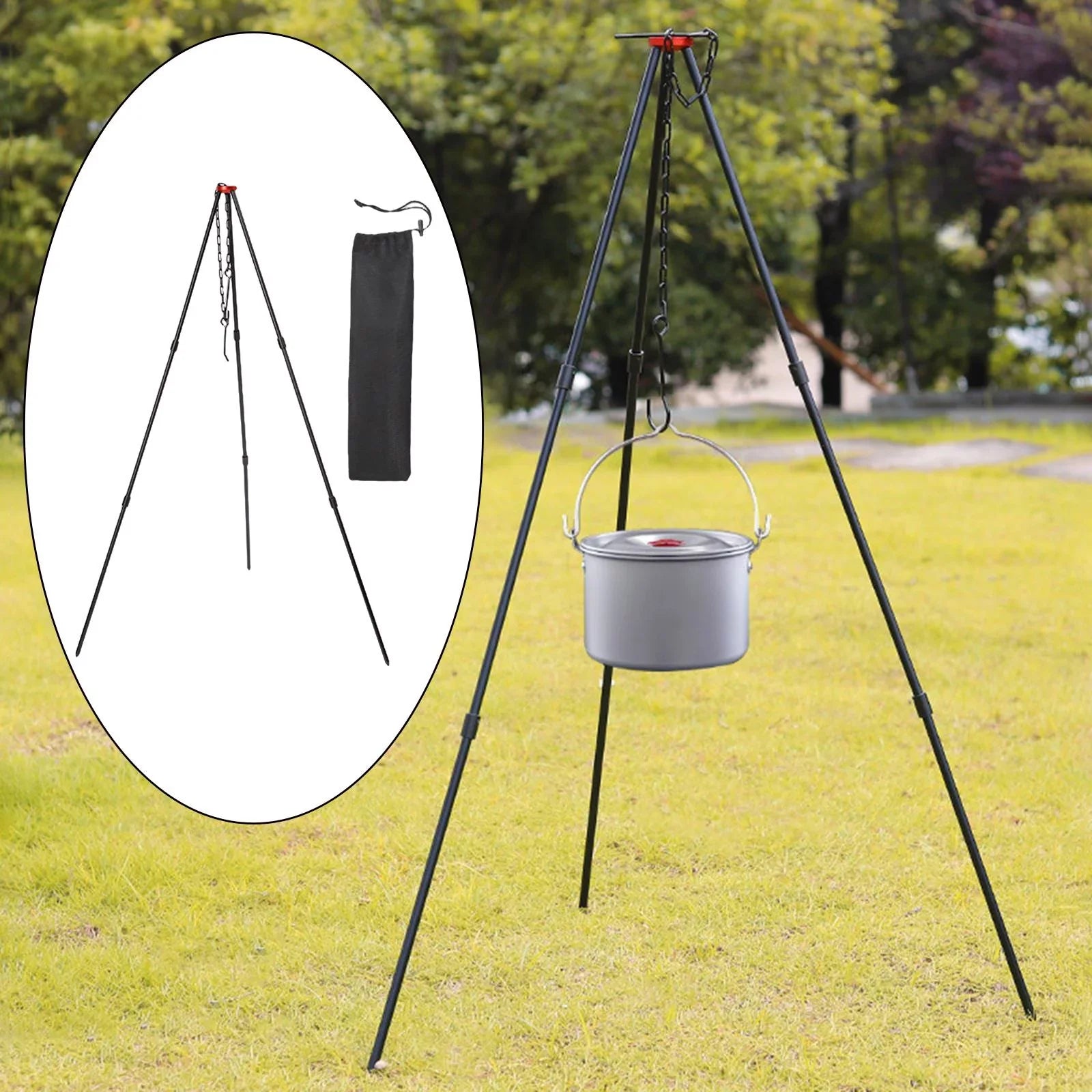 Accessory Tripod Cooking with ing Adjustable Stand Outdoor Grill , Portable Campfire Black Tripod, Pot Camping Aluminum Picnic Cookware