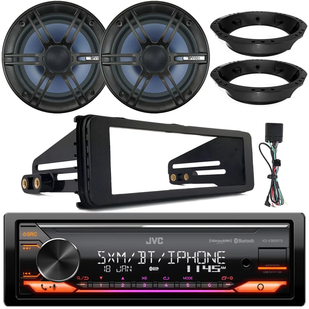 USB FLHX Ready Audio Receiver, Single AUX AM/FM Enrock Install Adapters, Dash DIN Harley Bluetooth Kit Alexa FLHTC LED 6.5" JVC Amazon Speakers SiriusXM 2x Radio Car Stereo KD-X380BTS with