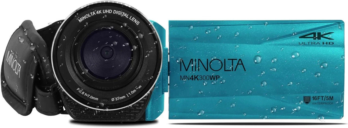 Video Tripod MN4K300WP (Blue) MINOLTA Ultra 4K Memory HD Camera Accessories 128GB Waterproof Camcorder Bundle / With MP 56 Card + + More