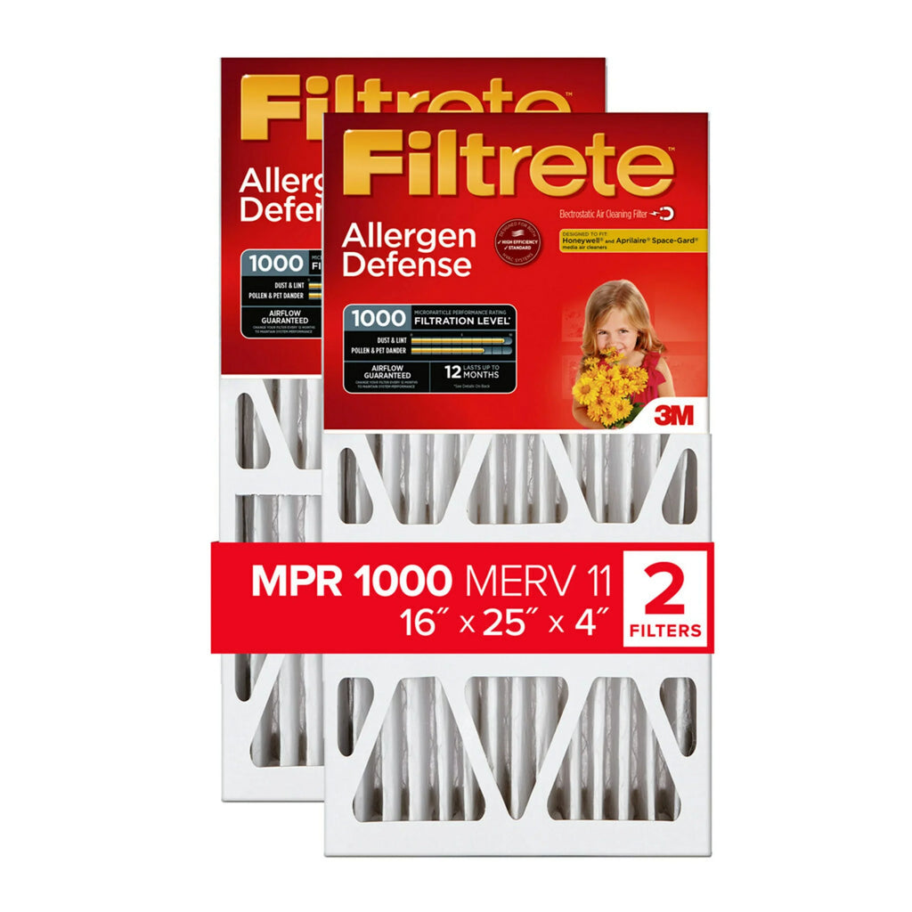 MPR Filtrete Filter, 11, Defense, Air Filters 2 16x25x4 1000 Allergen MERV