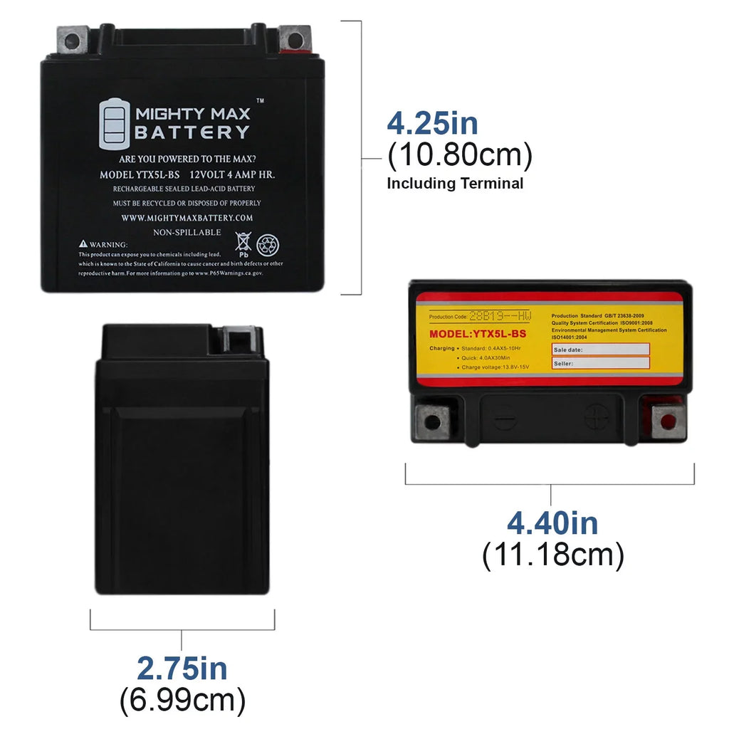 '- TTR230E 12V Pack 4AH 230 Yamaha 2017 YTX5L-BS Replaces Battery 2