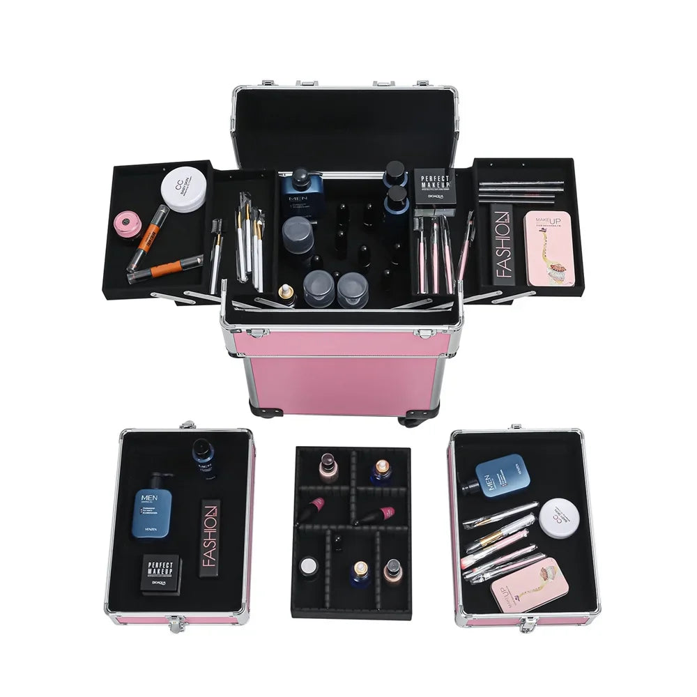 Trolley Zeng Makeup Case,Pink Train Rolling Case Drawers with Case Makeup