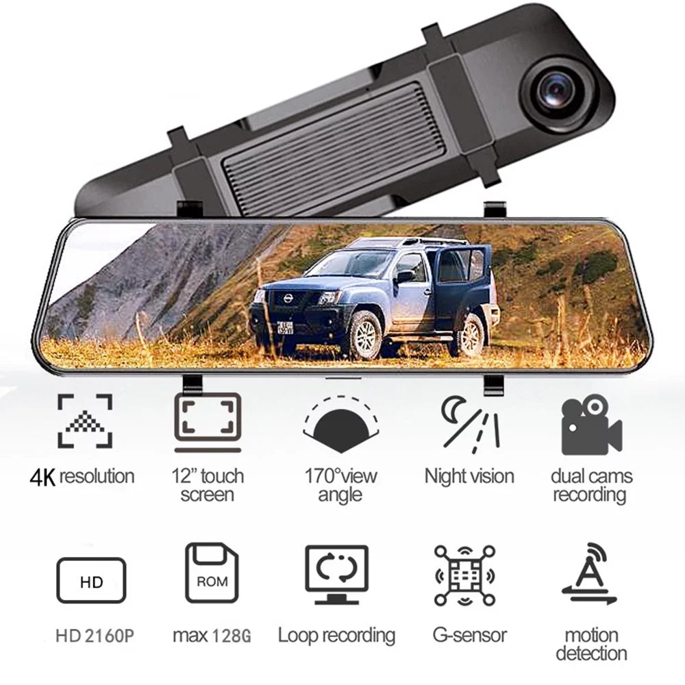 Cam 4K Paddsun View Control Backup WiFi Mirror Rear Dash Voice GPS Car 12" Dual Camera