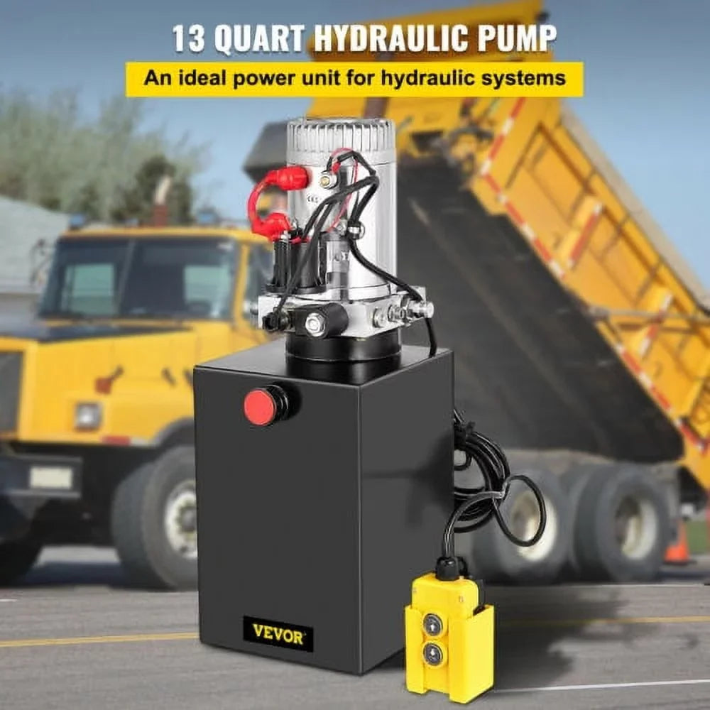 Pump Remote Black 12 Acting Reservoir Quart 12V,with Single Volt Power 13 Control Hydraulic Dump Unit VEVOR 3200PSI Steel Trailer