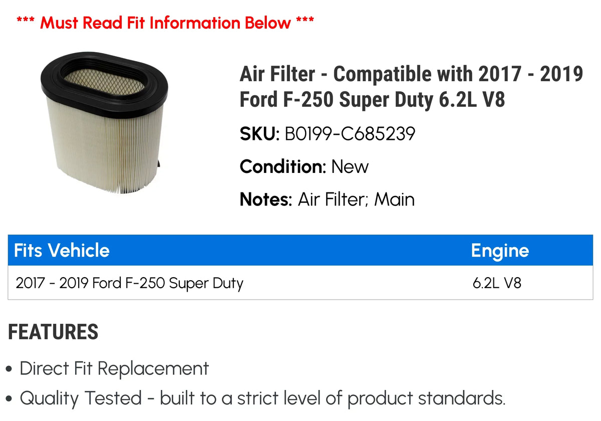 '- Super F-250 2018 2017 with Compatible Ford - V8 Air 6.2L Filter 2019 Duty