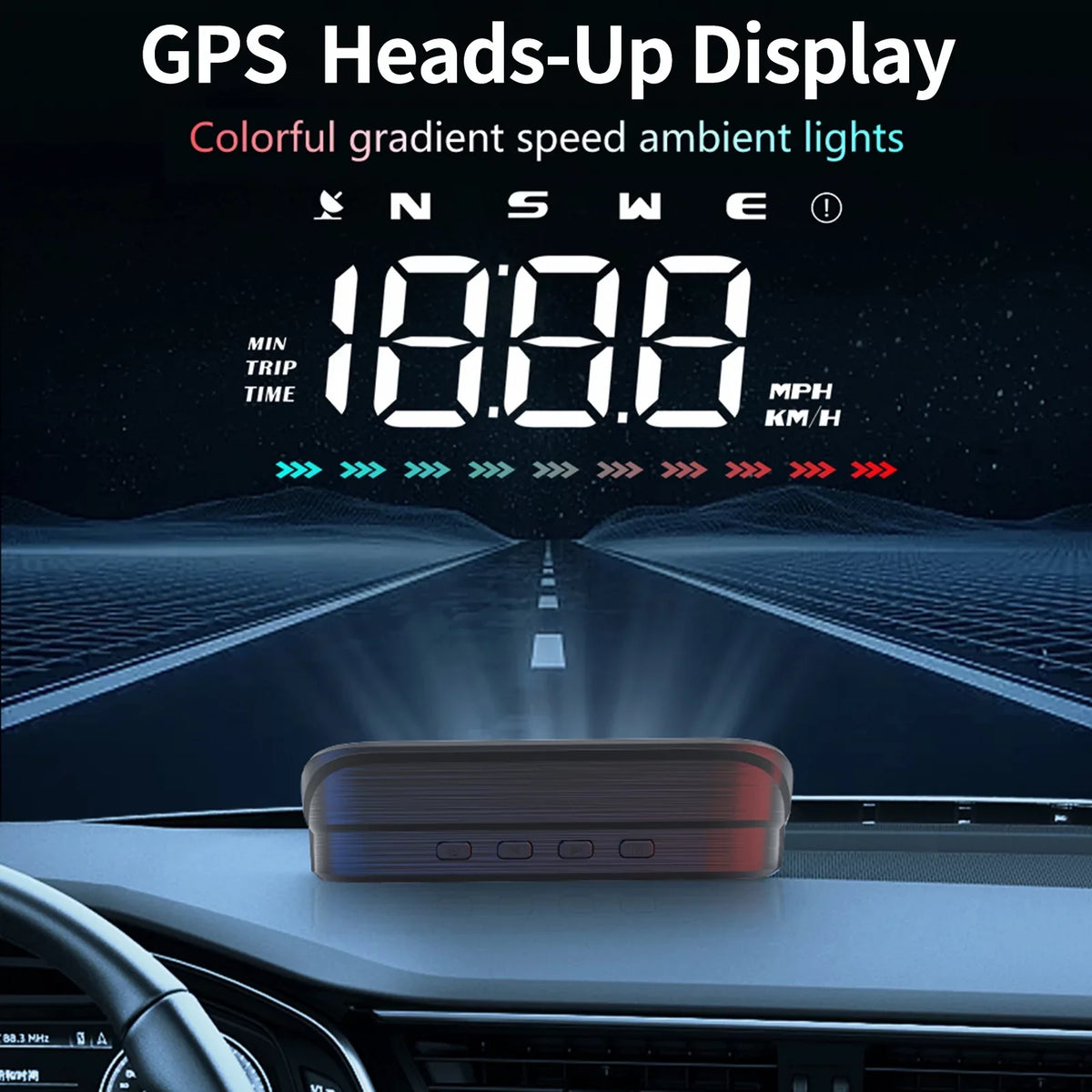 Overspeed Distance, Speedometer, Heads-Up Light, Direction, Travel Speed Car GPS Ambient Nebublu Alarm & Time, Digital Display