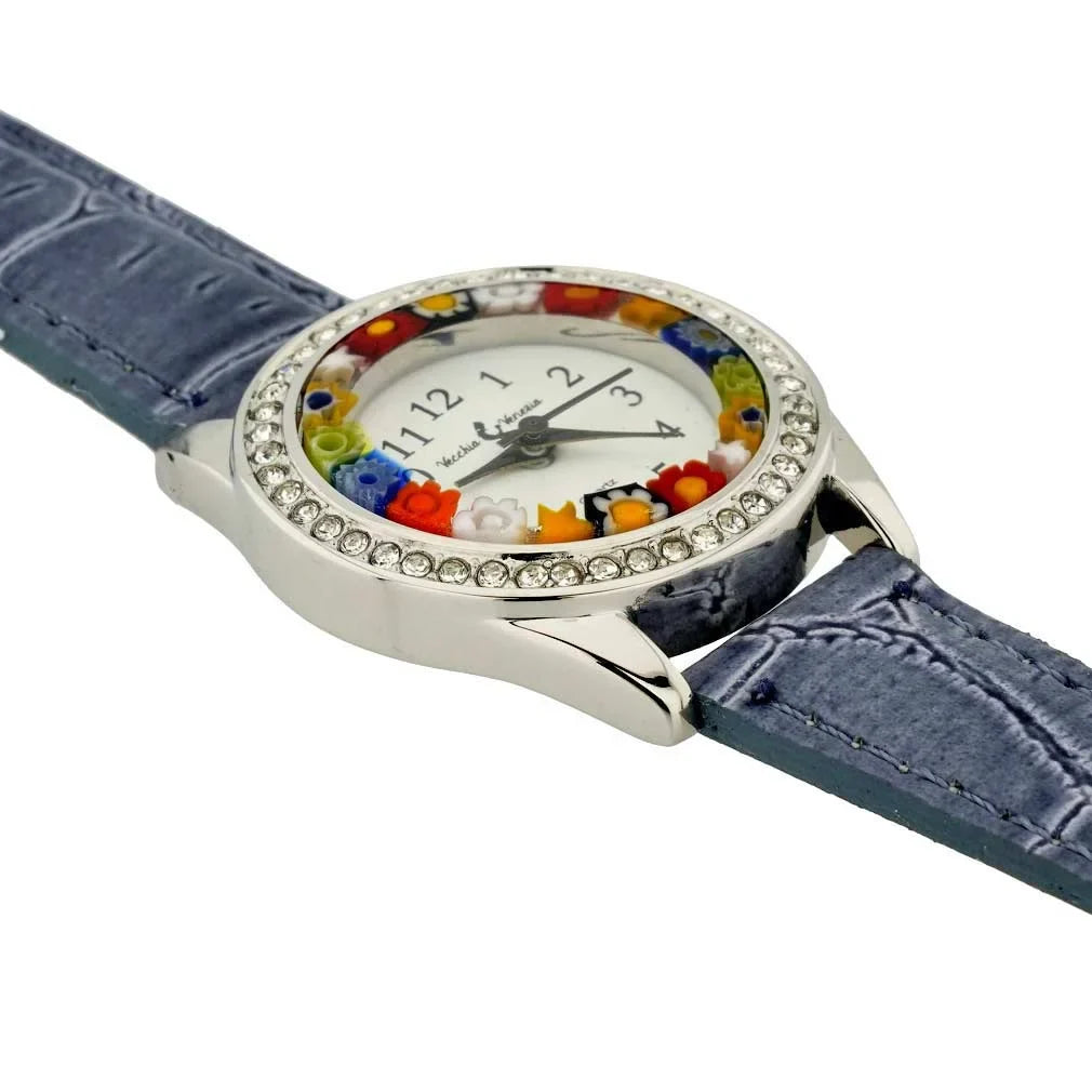 And With GlassOfVenice Blue Light Glass Millefiori Watch Murano Leather Band - Crystals