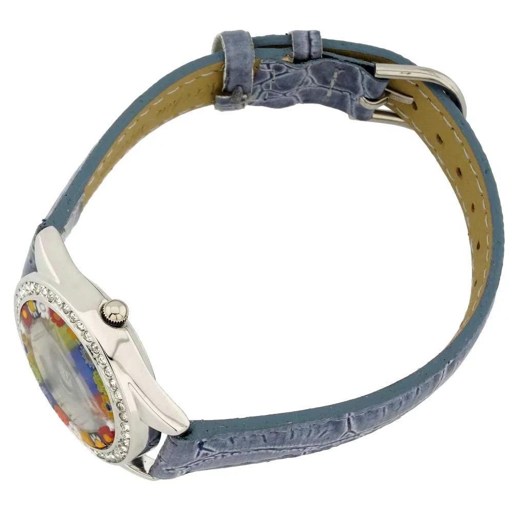 And With GlassOfVenice Blue Light Glass Millefiori Watch Murano Leather Band - Crystals