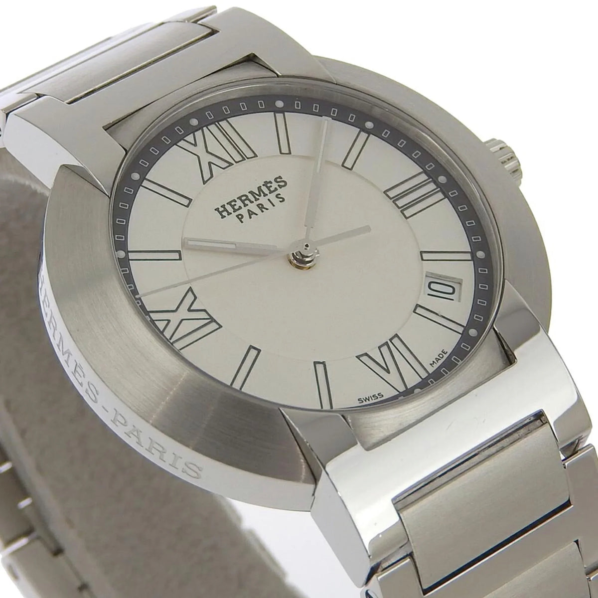Dial Analog Men's Made Display Hermes Swiss Silver Nomad (Fair) Quartz NO1.710 Stainless White Pre-Owned Steel Watch