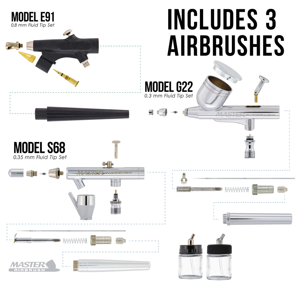 Deluxe Air 3 Pro w/ Compressor Airbrushes Colors 6 Paint Airbrush System &