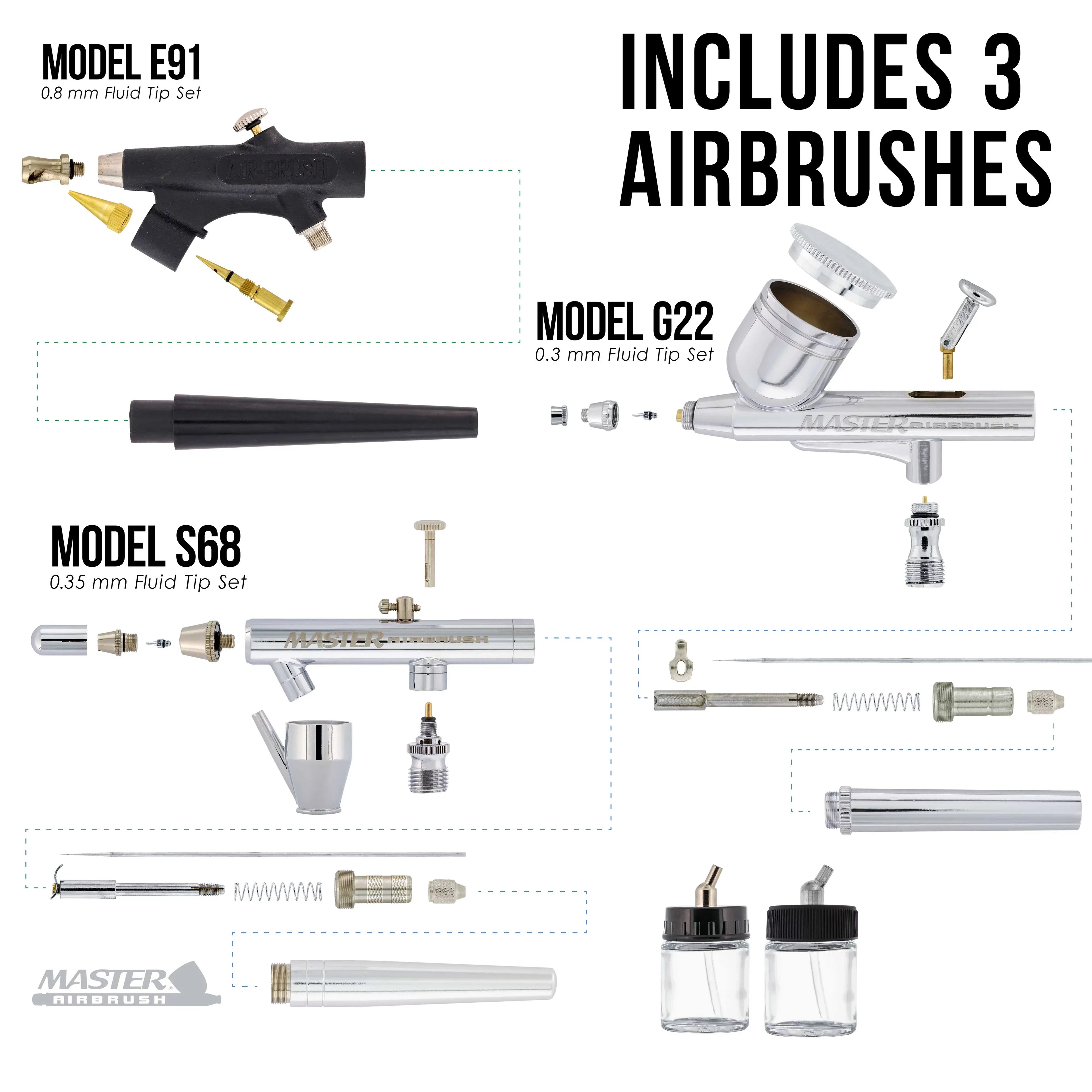 Deluxe Air 3 Pro w/ Compressor Airbrushes Colors 6 Paint Airbrush System &